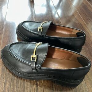 Black Leather Loafers with Gold Accent